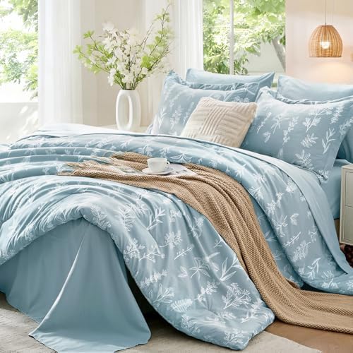 MUXHOMO Mineral Blue Bed in a Bag Queen 7 Pieces, Queen Comforter Set Reversible Botanical Flowers Design, Ultra Soft & Breathable Bedding Sets with Comforter, Sheets, Pillowcases & Shams