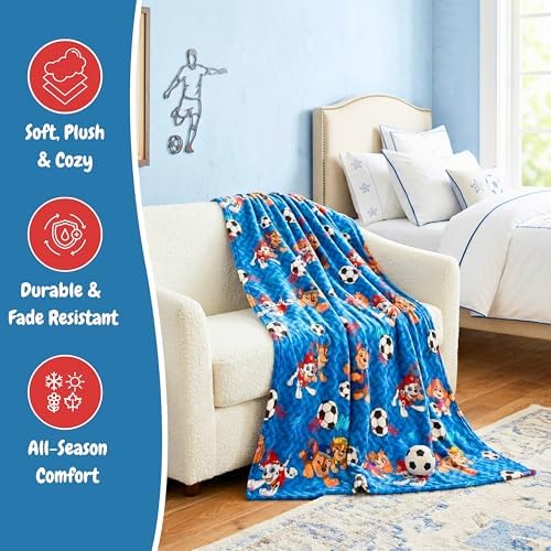 Franco Paw Patrol Kids Sports Soccer Throw, 46 in x 60 in, Soft Plush Blanket for Couch, Bed, or Sporting Events, (Officially Licensed Product)
