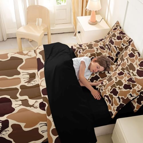 Erosebridal Deer Camo Bedding Set 7 Piece Camouflage Hunting Deer Comforter Set Queen Brown Military Army Camo Bed in A Bag for Kids Adults Country Hunter Wildlife Quilt with Flat Fitted Sheet
