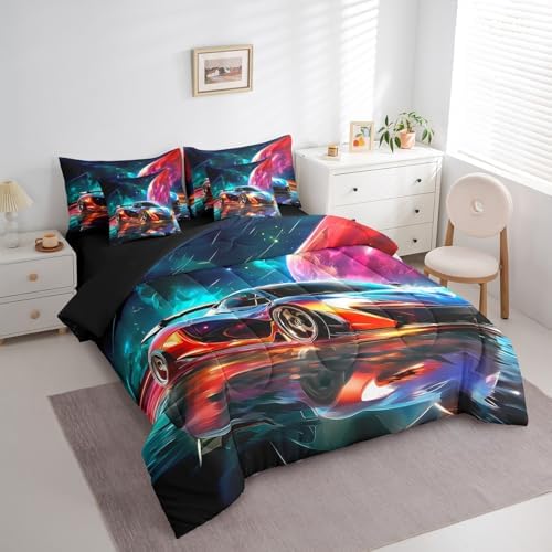 Erosebridal Boys Race Car 7 Pieces Bedding Set Queen Size,Extreme Sports Gaming Bed in a Bag,Cool Speed Car Bed Set Includes Comforter,Sheet Set,Pillowcases & Pillow Covers,Planet Galaxy Bedroom Decor