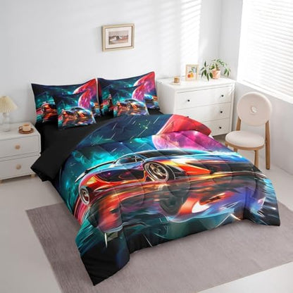 Erosebridal Boys Race Car 7 Pieces Bedding Set Queen Size,Extreme Sports Gaming Bed in a Bag,Cool Speed Car Bed Set Includes Comforter,Sheet Set,Pillowcases & Pillow Covers,Planet Galaxy Bedroom Decor