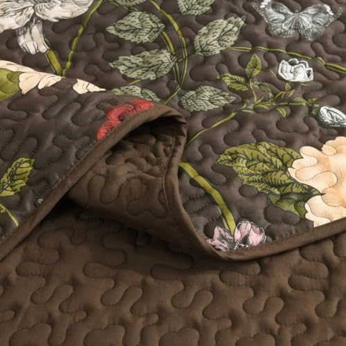 Litanika Floral Dark Brown Quilt - 3Pcs Botanical Birds Pattren Bed Set