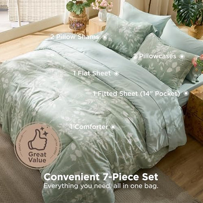 Bedsure Queen Comforter Set - 7 Pieces Floral Sage Green GentleSoft™ Bedding Sets, Queen Bed in a Bag with Botanical Flowers Winter Comforter, Sheets, Pillowcases & Shams (Pack of 2)