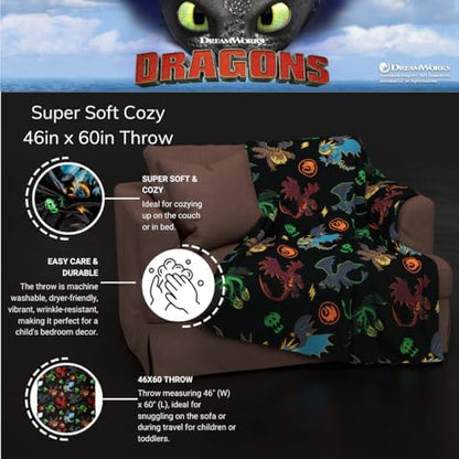 How to Train Your Dragon Toothless Kids Bedding Super Soft Plush Cozy Throw, 46 in x 60 in, (Officially Licensed Product) By Franco