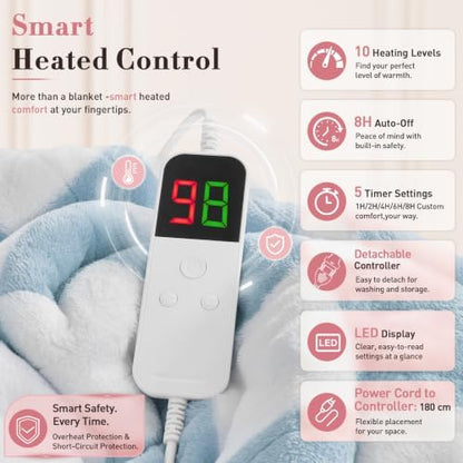 Electric Blanket Heated Twin 62"X84", Heating Blanket Twin, Misty Blue