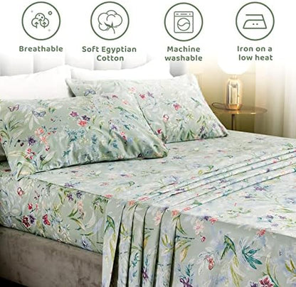QSH 100% Egyptian Cotton Sheets Twin Size, Green Flower Bird Butterfly Pattern Botanical Luxury Printed Bedding Flower Twin Bed Sheets for Girl Kid Extra Soft 4pcs Deep Pocket Floral Bed Sheet