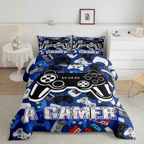 Homewish Cartoon Gamepad Bedding Set King Size,Video Games Comforter Set 3Pcs for Kids Teens Boys Girls Room Decor,Navy Blue Gaming Board Quilted Duvet Modern Fashion Down Comforter,2 Pillowcases