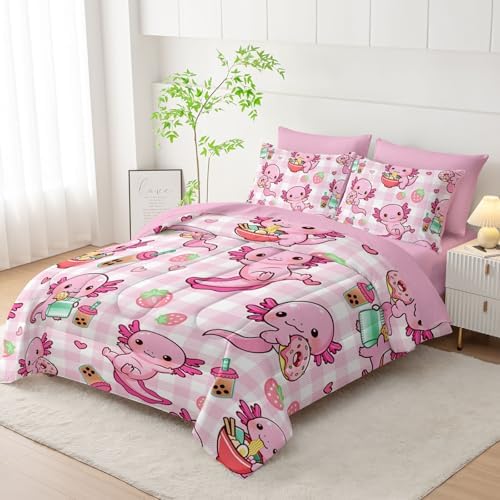 HOSIMA 7Pcs Cute Axolotl Comforter Set Queen Size for Girls with Sheets.