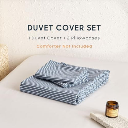 Wake In Cloud Striped Cotton Duvet Cover Set, Denim Blue, Queen