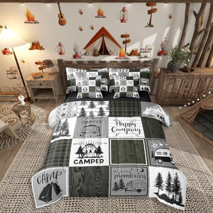 Erosebridal Camper Bed in A Bag for Bunks,Happy Camping Twin Comforter Set 7 Piece for Travel Trailers Rustic Farmhouse Buffalo Plaid Bedding Sets Rv Decor for Inside,Adventure Camper Bed Set