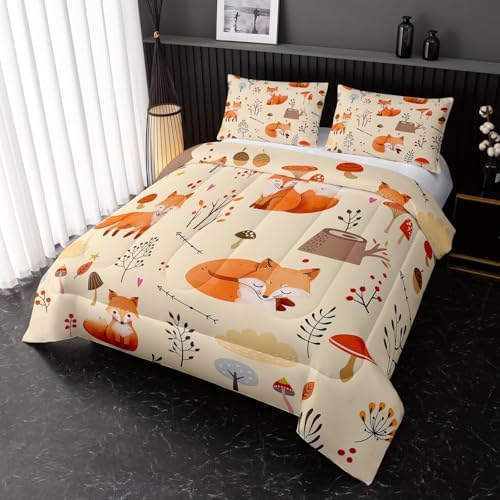 Nttopship Cartoon Fox Comforter Set King，Cute Fox Bedding Set 3-Pieces Quilt Set 3D Animal Plants Leaves Printed Theme Bedding Set for Boys Girls Animal Bedroom Decor Comforter with 2 Pillowcases