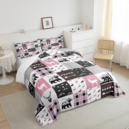 Homewish Bear Silhouette Bedding Set Pink Gray Grid Comforter Set for Kids Boys Stars Arrow Comforter Rustic Farmhouse Quilt Set 1 Comforter Set with 1 Pillowcase Toddler Size