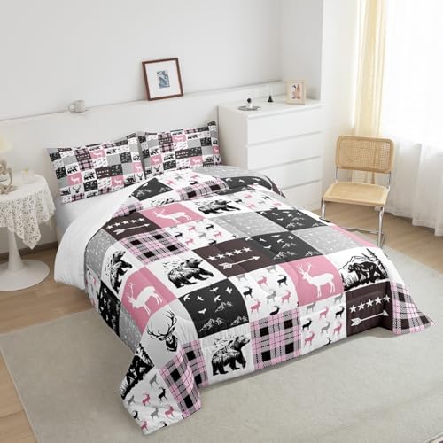 Homewish Bear Silhouette King Size Comforter Set,Kids Pink Gray Grid Decor All Season Bedding Set,Teens Stars Arrow Comforter,Rustic Farmhouse Decor Quilt Set Bedroom Collection 3Pcs