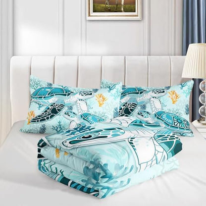 HOSIMA Coastal Beach Themed Sea Turtle Twin Comforter with 2 Pillowcases.