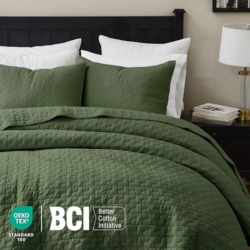 palassio Olive Green 100% Cotton Quilt Queen Size Bedding Sets with 2 Pillow Shams, Textured Lightweight Soft Bedspread Shabby Chic Coverlet, Quilted Comforter Bed Cover for All Season, 3 Pieces
