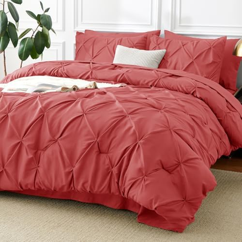 CozyLux King Size Comforter Set Coral, 7 Pieces Pintuck Bed in a Bag