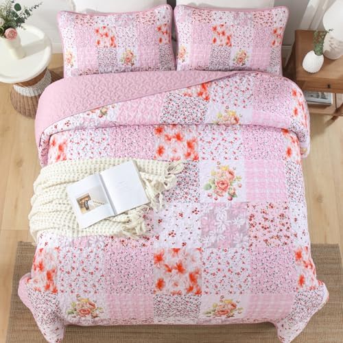 Mybedsoul Boho Quilt King Size, Patchwork Bedding Set, Pink White