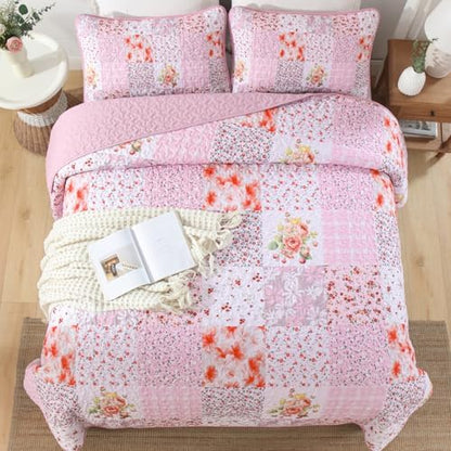 Mybedsoul Boho Quilt King Size, Patchwork Bedding Set, Pink White