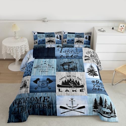 Lake House Comforter Set King Size,Camping Fishing Quilt Set Bear Anchor Pine Print Grid Bedding Set Kids Boys Girls Adult Rustic Cabin Decor Blue Patchwork Plaid Duvet Insert,2 Pillowcases