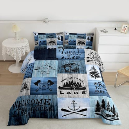 Lake House Comforter Set King Size,Camping Fishing Quilt Set Bear Anchor Pine Print Grid Bedding Set Kids Boys Girls Adult Rustic Cabin Decor Blue Patchwork Plaid Duvet Insert,2 Pillowcases