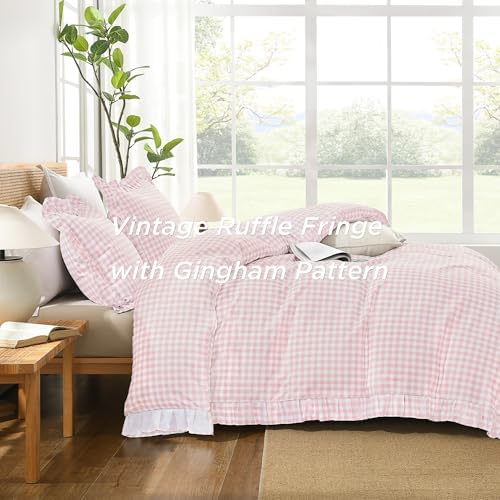 Andency Pink Gingham Duvet Cover Queen, Ruffle Shabby Bedding Set 3 Pcs