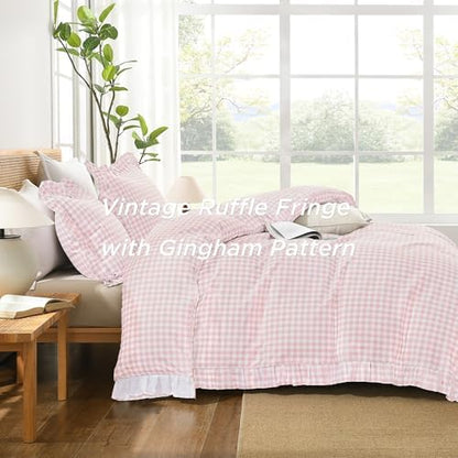 Andency Pink Gingham Duvet Cover Queen, Ruffle Shabby Bedding Set 3 Pcs