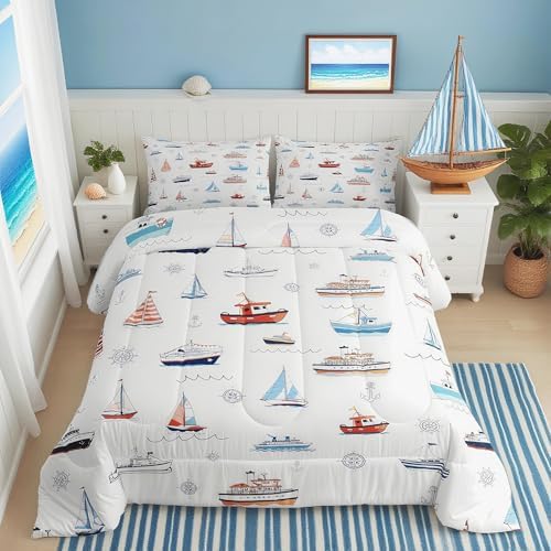 Nautical Sailboat Comforter Set Full Size,Sea Transportation Ships Bedding Set 3Pcs,Boat Anchor Rudder Print Quilt Set,Kids Boys Girls Teens Room Decor,Blue Red White Duvet Insert,2 Pillowcases