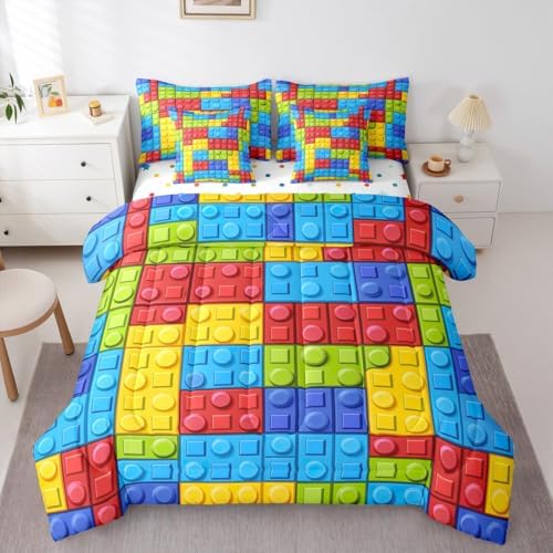 Feelyou Colorful Toy 7 Piece Bedding Set Teen Women Men Funny Building Blocks Decoration Comforter Set with Sheets King Size Kids Boys Colorful Geometric Brick Bed in a Bag Cute Games Room Decor
