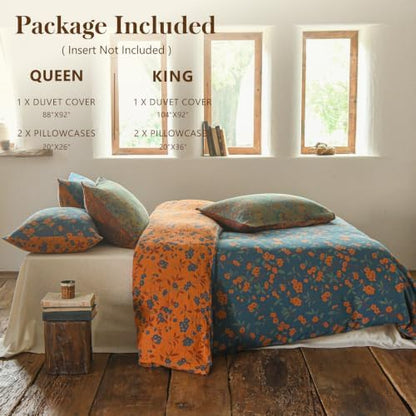 Simple&Opulence Muslin Duvet Cover Set Queen Size, 100% Washed Cotton 3 Pieces Yarn-Dyed Vintage Blue Orange Floral Jacquard Textured Bedding, Soft Breathable Gauze Comforter Cover with Zipper Closure