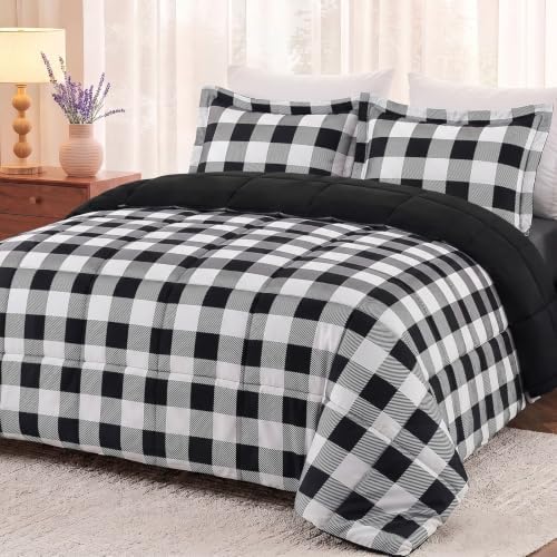 downluxe Queen Comforter Set Soft Reversible 3 Pieces, Plaid Black/White