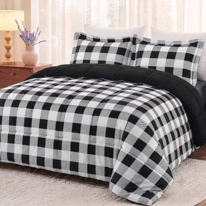 downluxe Queen Comforter Set Soft Reversible 3 Pieces, Plaid Black/White