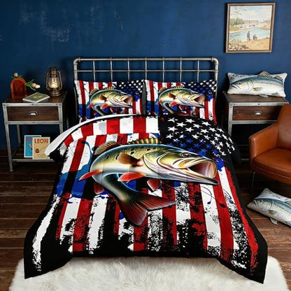 HOSIMA Big Pike Fishing Comforter Set Full for Teens with 2 Pillowcases.
