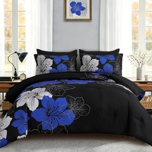 Blue King Size Comforter Set, 7 Pieces Floral on Black Bed in a Bag