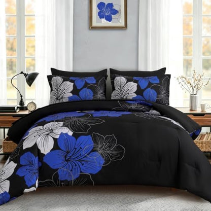 Blue King Size Comforter Set, 7 Pieces Floral on Black Bed in a Bag