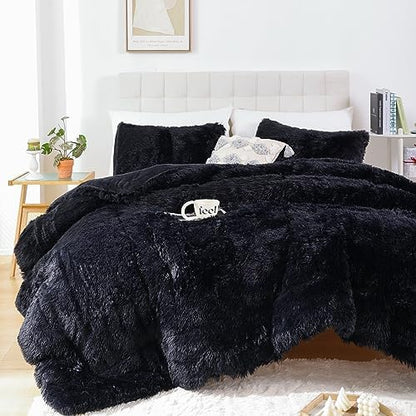 Smoofy Fluffy King Size Comforter Set, Faux Fur Black Comforter Set 3Pieces