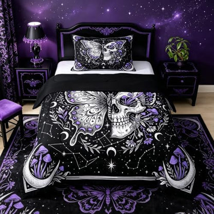 Butterfly Skull Kids Comforter Set Twin,Purple Mushroom Gothic Skeleton Bedding Set for Teens Adults Bedroom Decor,Galaxy Botanical Duvet Insert,Retro Hippie Quilted Duvet Set with 1 Pillowcase