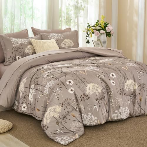 Yiran King Comforter Size Set, 7 Piece Brown Dandelion Floral Bed in a Bag