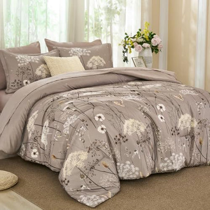 Yiran Queen Comforter Size Set, 7 Piece Brown Dandelion Floral Bed in a Bag