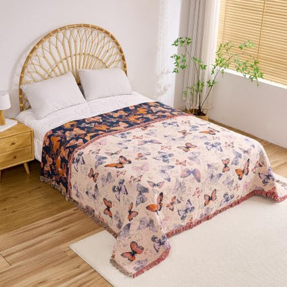 VANJOROY Boho Throw Blanket, 100% Organic Cotton Breathable Ultra Soft 91" x 108" King Bed Quilt Throw - All Season Floral Rustic Farmhouse Decor Luxury Blanket for Sofa Couch Chair and Gift