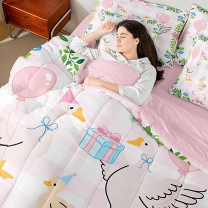 Erosebridal Cute Goose Duck Twin Size Bedding Set Pink Geometric Grid Cartoon Animal 7 Pieces Comforter Set with Sheets Kids Girls Pastel Bowknot Bed in a Bag Teens Birthday Leaf Floral Plaid Bed Sets