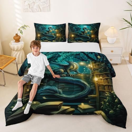 Feelyou Dragon Bedding Set Soft for Boys Girls, Magical Beast Comforter Set Queen Size Fantasy Animal Duvet Quilt Microfiber Wild Life Bedroom Decor Jungle Dragon 3 Pcs with 2 Pillow Cases