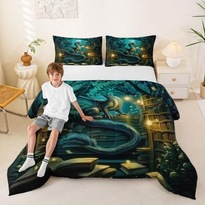 Feelyou Dragon Bedding Set Soft for Boys Girls, Magical Beast Comforter Set King Size Fantasy Animal Duvet Quilt Microfiber Wild Life Bedroom Decor Jungle Dragon 3 Pcs with 2 Pillow Cases