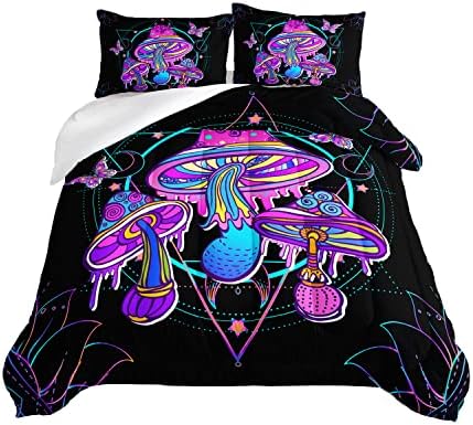 HOSIMA Mushroom Bedding Comforter Sets, Forest Fungi Plant Theme Cartoon Butterfly Mushroom Decor Toddler Comforter Set,Magic Hexagram Black Full Size Comforter Sets with 2 Pillowcases.