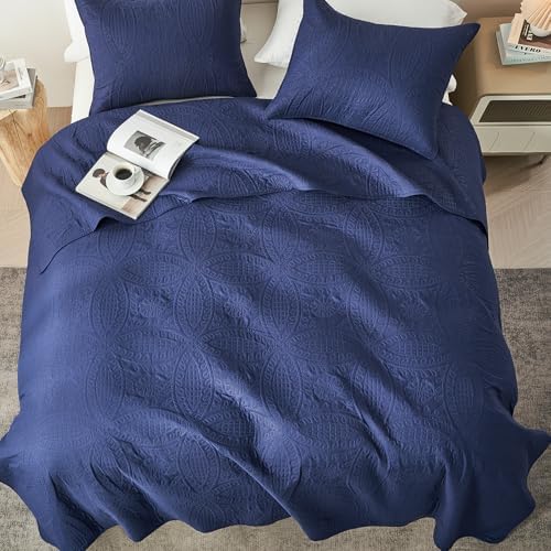 akkialla Twin Quilt Bedding Set,Navy Blue Ultrasonic Quilt Set,Lightweight Soft Bedspread Coverlet,Modern Style Coin Pattern Bed Cover for All Seasons,2 Piece(1 Quilt,1 Pillow Sham)