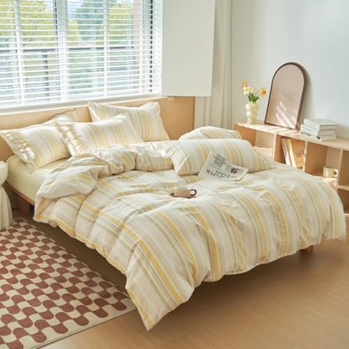 Mucalis Yellow Striped Duvet Cover Set Queen 100% Washed Cotton Bedding Duvet Cover Full Colorful Striped Pattern Modern 3 Piece Bedding Set with Zipper Closure Corner Ties,Breathable Comfortable