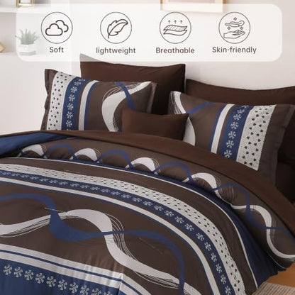 Blue Brown Comforter Set Full Size,8 Pieces Patchwork Striped Bed in a Bag