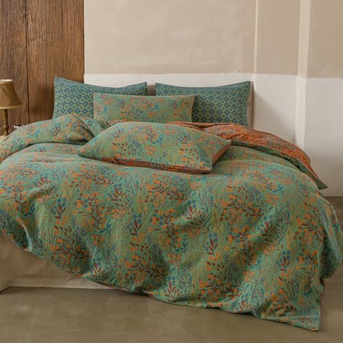 Simple&Opulence Muslin Duvet Cover Set Queen Size, 100% Washed Cotton 3 Pieces Yarn-Dyed Vintage Green Red Floral Jacquard Textured Bedding, Soft & Breathable Gauze Comforter Cover with Zipper Closure