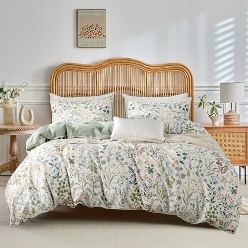 VM VOUGEMARKET Green Flower Duvet Cover Set Queen for Teen Girls,90"x90"