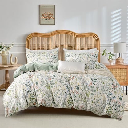 VM VOUGEMARKET Green Flower Duvet Cover Set Queen for Teen Girls,90"x90"