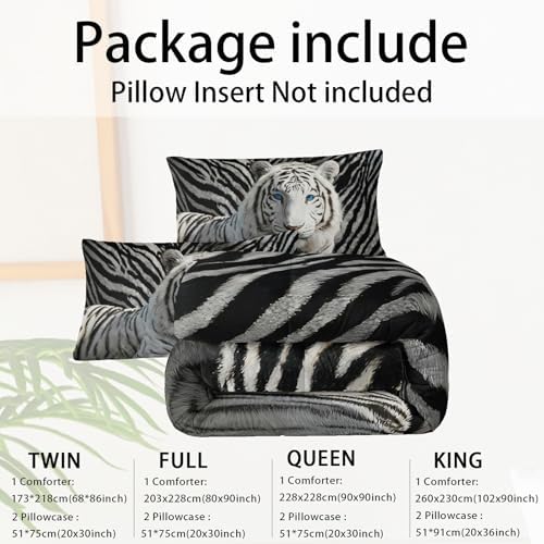 3Pcs White Tiger Comforter Set Full Size for Teen Boys Girls Room Decor,3D Animals Print Comforter Set,Wild Animals Theme Black White Stripe Tiger Bedding Set